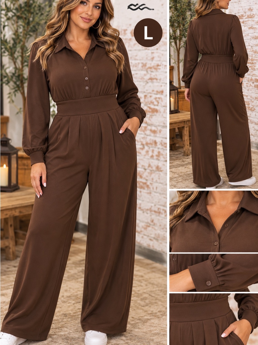 HALARA Brown Button-Front Wide-Leg Jumpsuit